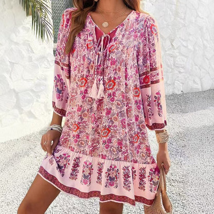 Robe Élégante Fleurie à Nœud Col V | Amaya™
