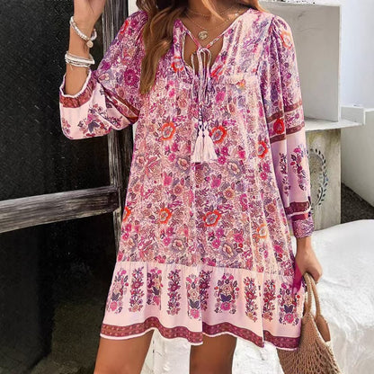 Robe Élégante Fleurie à Nœud Col V | Amaya™