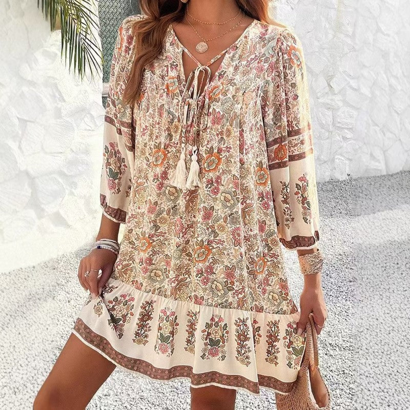 Robe Élégante Fleurie à Nœud Col V | Amaya™