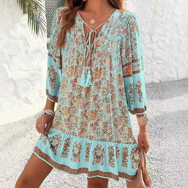 Robe Élégante Fleurie à Nœud Col V | Amaya™